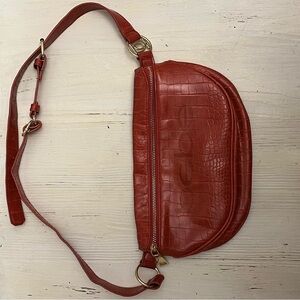 Women’s Bebe Handbag‎ Belt bag Purse In Red Faux Crocodile Pattern Gold Hardware